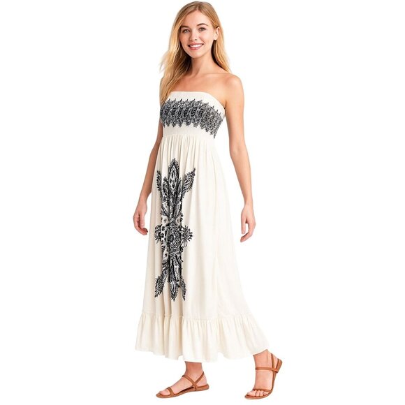 2/$30 Cristinalove M Boho Maxi Dress Black & White Embroidered Polyester/Spandex - Picture 1 of 16
